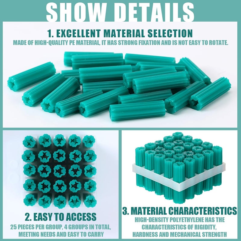 Lineshading 100 Pcs Expanding Plastic Concrete Anchors Screw Anchors Drywall Wall Expansion Pipe for Hollow Walls Tile Cement Bolt Expansion Tube (1/4" X 1" for #10,#11, or #12 Screws,Green) - Image 3